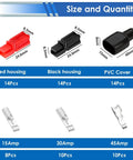 70 Pcs 15 Amp 30 Amp 45 Amp Quick Disconnect Power Connectors Kit With PVC Covers For 1.5 To 6 mm Wire 20 To 10 AWG Includes Red And Black Housings Durable, showing size and quantity details.
