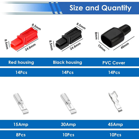 70 Pcs 15 Amp 30 Amp 45 Amp Quick Disconnect Power Connectors Kit With PVC Covers For 1.5 To 6 mm Wire 20 To 10 AWG Includes Red And Black Housings Durable, showing size and quantity details.