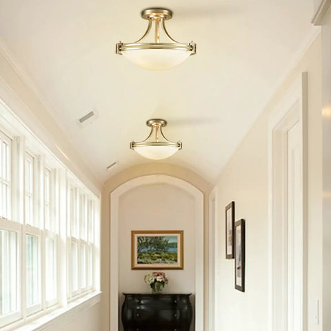 Modern Gold Semi Flush Mount Ceiling Light With Clear Glass Dome Shade Brass Finish Mid Century Style Fixture For Hallway Bedroom Or Kitchen 11.4 Inch installed in a hallway