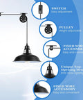 Diagram of Industrial Vintage Plug-In Pendant Lights Pack Of 4 With 14.76ft Cord featuring adjustable pulley and on/off switch