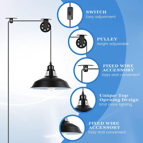Diagram of Industrial Vintage Plug-In Pendant Lights Pack Of 4 With 14.76ft Cord featuring adjustable pulley and on/off switch