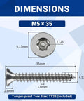 Fifty Pack M5 X 35mm Countersunk Tamper Resistant Torx Security Screws 304 Stainless Steel with dimensions and TT25 drive.