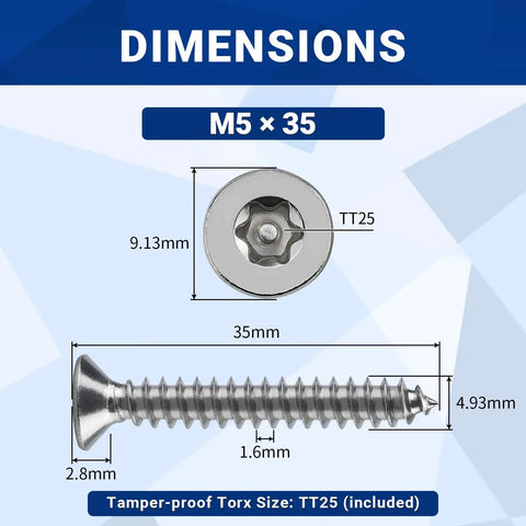 Fifty Pack M5 X 35mm Countersunk Tamper Resistant Torx Security Screws 304 Stainless Steel with dimensions and TT25 drive.