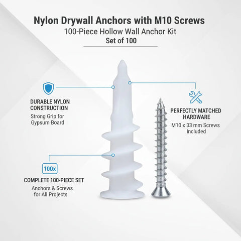 100 Pack Nylon Drywall Anchors With Screws For Hollow Walls, Heavy Duty Hang Your Pictures, Shelves And Decor Kit, diagram