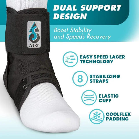 Speed Lacer Ankle Brace with Quick Pull Hook and Loop Closure in black, demonstrating support features for sprained ankles