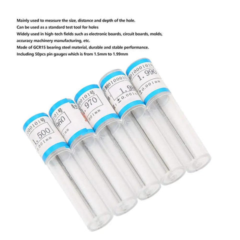 Pin Type Needle Gauge Set For Precise Hole Measurement, 50 Piece Plug Gauge Kit from 1.5 to 1.99 mm, GCR15 Bearing Steel