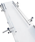 Electric PVC Belt Conveyor With Adjustable Speed Desktop Industrial Transport Unit Stainless Steel Frame With Double Guardrails 216 In By 11.8 In 370W 110V White showing stainless steel frame and guardrails.