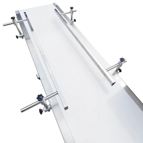 Electric PVC Belt Conveyor With Adjustable Speed Desktop Industrial Transport Unit Stainless Steel Frame With Double Guardrails 216 In By 11.8 In 370W 110V White showing stainless steel frame and guardrails.
