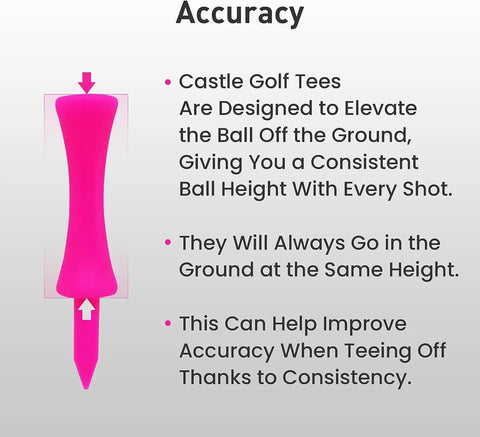 Diagram showing pink Castle Golf Tees Set, Durable Plastic Step-Down Tees, highlighting consistent height for accuracy.