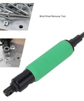 Blind Rivet Removal Tool Kit For 1/4 Inch Drills, Built For Fast, No Hassle Rivet Popper Action, Universal Compatibility With Pneumatic Or Electric, Includes Guide And Five High Speed Threaded Bits That Precisely Fit 1/8 Inch Rivets. Blind rivet removal tool with green handle and drill bits on metal plate.