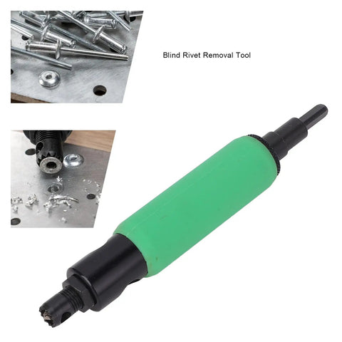Blind Rivet Removal Tool Kit For 1/4 Inch Drills, Built For Fast, No Hassle Rivet Popper Action, Universal Compatibility With Pneumatic Or Electric, Includes Guide And Five High Speed Threaded Bits That Precisely Fit 1/8 Inch Rivets. Blind rivet removal tool with green handle and drill bits on metal plate.