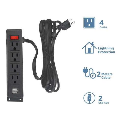 Under Desk Wall Mount Power Strip With Four Outlets And Two USB Ports, 6.56Ft Cord, 120V 12A 1440W, with cable and icons