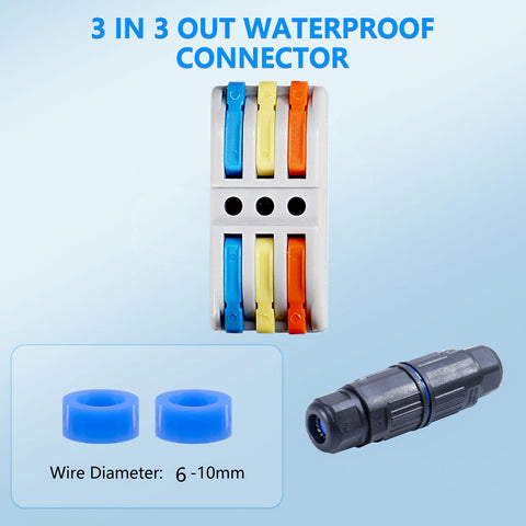 3 in 3 out waterproof connector with replaceable lever terminals and cable entry seals, suitable for 6-10mm wire diameter.
