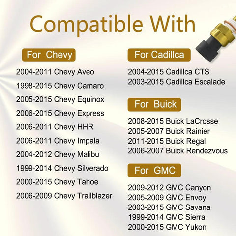 Front view of engine coolant temperature sensor with gold connector; compatibility list for Chevy, GMC, Buick, Cadillac models.