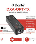 Ultimate ToVi Dante Optical Encoder Turns Toslink Into Network Streaming with dimensions 115mm x 40mm x 28mm in compact black plastic.