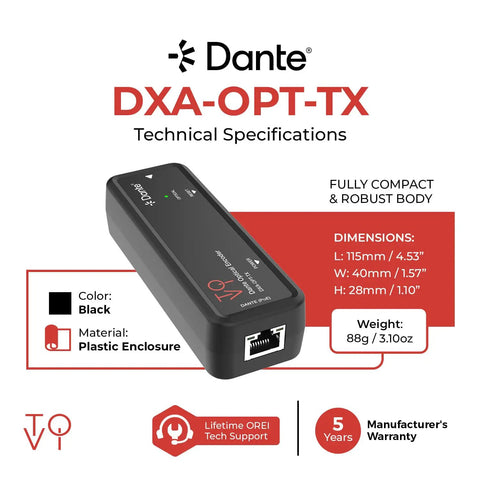 Ultimate ToVi Dante Optical Encoder Turns Toslink Into Network Streaming with dimensions 115mm x 40mm x 28mm in compact black plastic.