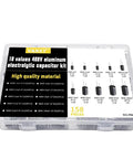 Electrolytic Capacitor Kit 158 Piece Set, 400V, 10 Values From 1uF to 100uF, aluminum case shown in packaging