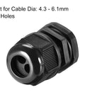 Two Hole PG16 Cable Gland Waterproof IP68 Nylon Joint With Adjustable Locknut For 4.3 To 6.1 mm Wires, black nylon, close-up view