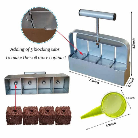 Pro Grade Handheld Soil Blocker Kit With 4 Cell 2 Inch Block Maker for Seedlings and Cuttings, durable galvanized steel, ergonomic handle