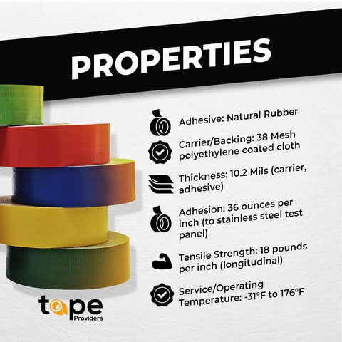 Stack of green, red, blue, and yellow duct tape rolls with product properties listed on the side.