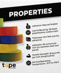 Stack of colorful duct tape rolls with specifications for adhesive, carrier, thickness, adhesion, tensile strength, and temperature range.