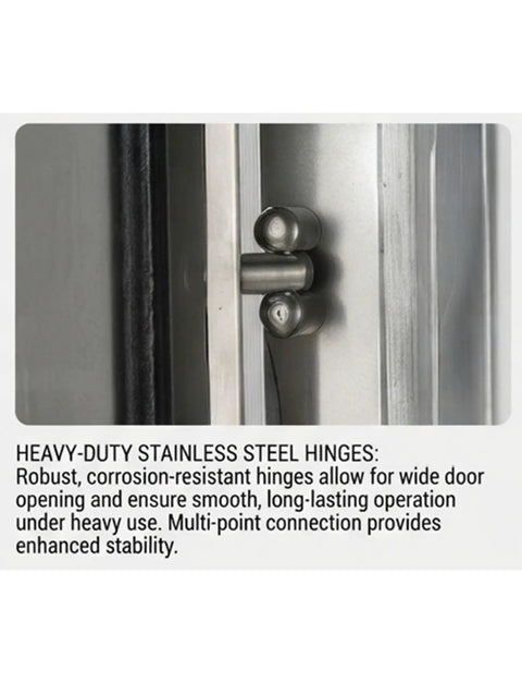 Built To Last 304 Stainless Steel Outdoor Electrical Enclosure Junction Box With Weatherproof Waterproof Construction, Rain Shield Roof, Tight Seal Gasket, Clear Window, Heavy Duty Housing, Tough As Nails For Industrial Or Home Outdoor Use. close-up of stainless steel hinge