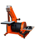 Compact Desktop Electric Grinder With Belt And Disc Sander For Woodworking, orange sander with adjustable work table.