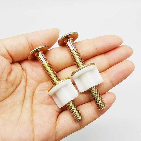 Two Pack Heavy Duty Toilet Seat Screws with Hinge Bolts and Hardware Kit Including Metal Washers and Plastic Nuts in hand