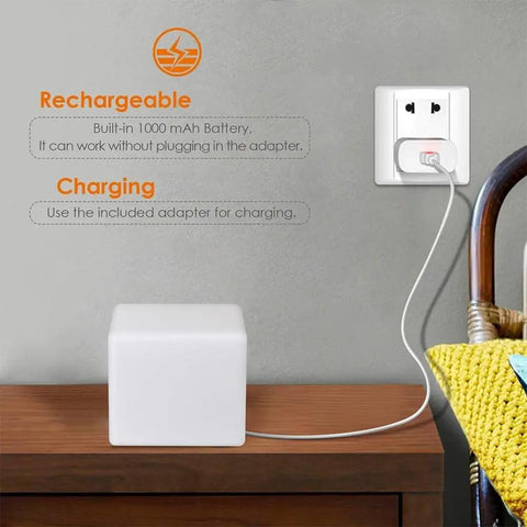 4 Inch Dimmable LED Night Light Mood Cube with 16 RGB Colors charging on a wooden table, white finish, rechargeable lamp