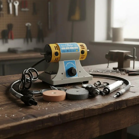 Mini Bench Lathe Polisher For Jewelry And Gemstone Buffing 110V 350W Buffer Kit With 4 Inch Wheels shown on wood workbench.