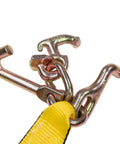 RTJ cluster hooks on 4 Pack Heavy Duty Tie Down Straps For Auto Towing With RTJ Cluster Hooks, 2 Inch By 8 Foot, G70 12 Inch Chain Extension, 3335 Lbs WLL, Ratchet Straps For Car Wrecker Recovery against white background.