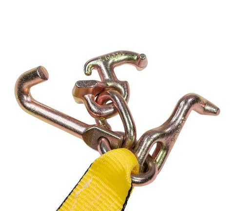 RTJ cluster hooks on 4 Pack Heavy Duty Tie Down Straps For Auto Towing With RTJ Cluster Hooks, 2 Inch By 8 Foot, G70 12 Inch Chain Extension, 3335 Lbs WLL, Ratchet Straps For Car Wrecker Recovery against white background.