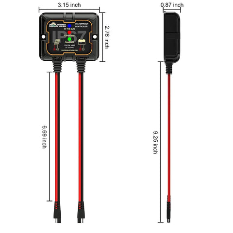 MPPT Solar Charge Controller 10A 12V Waterproof IP67 Pro Grade with cable dimensions and LED indicators visible