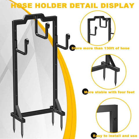 Black Garden Hose Reel Holder With Four Foot Design Modern Metal Water Hose Hanger Organizer Stand For Yard And Patio