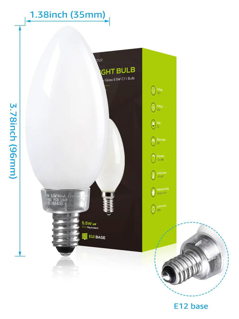 Dimmable E12 LED Candelabra Bulb 60W Equivalent, 550 Lumen Filament Candle Bulb C11 with packaging, frosted glass, dimensions shown