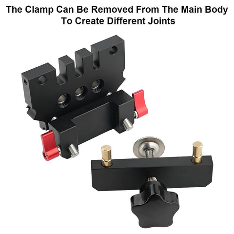 Self Centering Dowel Jig Kit For Woodworking Edge Corner And Surface Joints 6mm 8mm 10mm Dowel Pins With Aluminum CNC Machined Anodized Body Steel Bushings Stop Collars For Precise Drilling And Tight Fit Joints Pro Grade Build, showing removable clamp components.