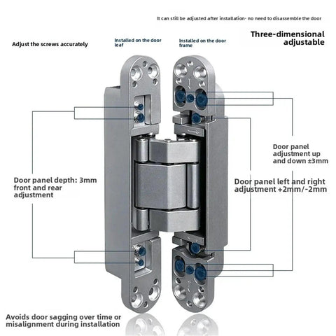 Invisible Concealed Door Hinge With Adjustable Cross Shaped Wooden Handle Creating Flawless Hidden Door Setup With Smooth Pull Action And Solid Black Finish That Gives Your Space A Clean And Modern Vibe, showcasing a three-dimensional adjustable hinge design.