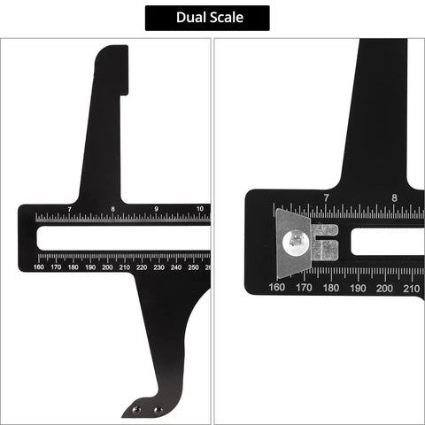 Close-up of Brake Measuring Tool From 6.5 To 14.25 Inch with dual scale, heavy duty steel for precision measurements.