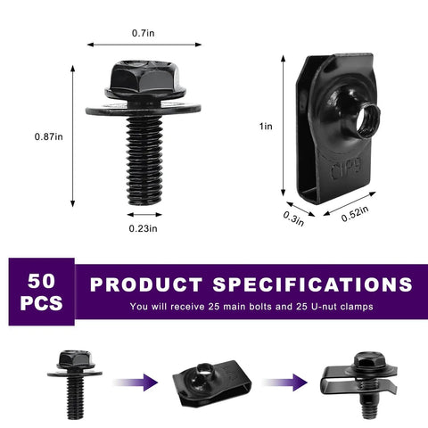Diagram of the 50 Piece M6-1.0 Body Bolts U Nuts Kit With Hex Head Screws And Extruded U Nuts Universal Push Pull Auto Body Retainers