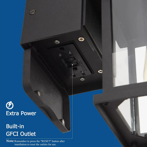Close-up of GFCI outlet in Motion Sensor Outdoor Porch Light With GFCI Outlet Built In Black Exterior Wall Lantern Dusk To Dawn Sconce Lighting Fixture