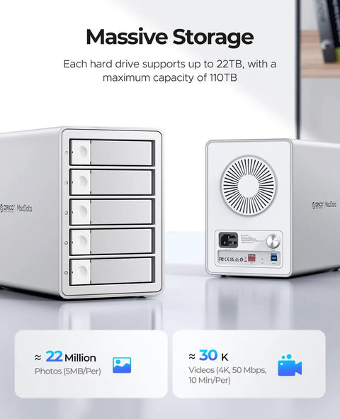 Dope 5 Bay RAID External Hard Drive Enclosure Supporting Up To 130TB Max Storage With Dedicated Hardware RAID Controller, showing storage capacity and design.