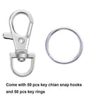 Heavy Duty Metal Swivel Lanyard Snap Hooks And Split Key Rings Bulk Keychain Connectors 100 Piece Set showing silver clasp and ring.