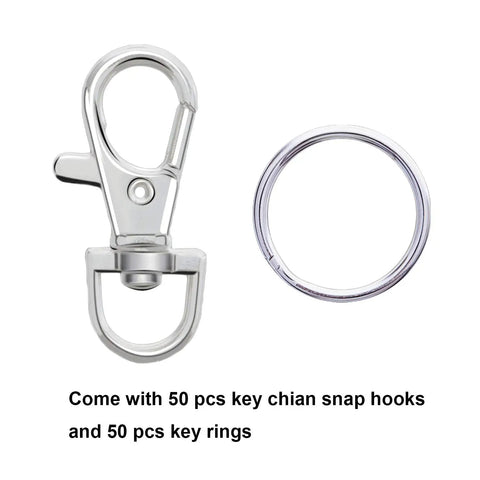 Heavy Duty Metal Swivel Lanyard Snap Hooks And Split Key Rings Bulk Keychain Connectors 100 Piece Set showing silver clasp and ring.
