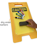 Blank Caution Folding Floor Sign 25 By 12 Inches Double Sided Dry Erase Plastic Sign With Built In Handle Write On Surface Grab And Go Portable Durable Great For Temporary Hazards And Safety Messages. Yellow dry erase caution floor sign with markers and eraser, 25x12 in plastic, double-sided