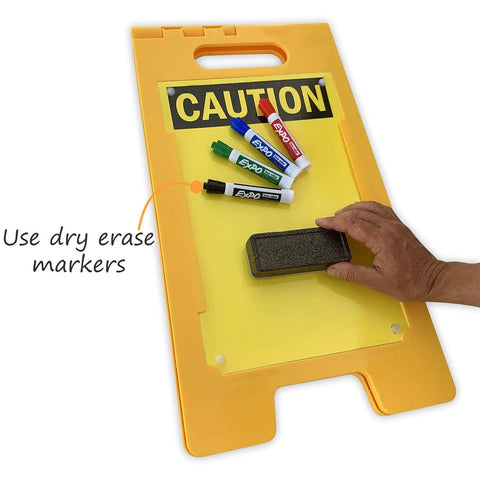 Blank Caution Folding Floor Sign 25 By 12 Inches Double Sided Dry Erase Plastic Sign With Built In Handle Write On Surface Grab And Go Portable Durable Great For Temporary Hazards And Safety Messages. Yellow dry erase caution floor sign with markers and eraser, 25x12 in plastic, double-sided