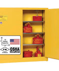 Twenty Four Gallon Fire Rated Flammable Storage Cabinet Self Closing Shop Grade Tank For Secure Chemical Control Made In Usa, open door view with shelves and safety cans.