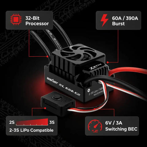 60A Sensorless Brushless ESC For 1 To 10 Scale RC Cars Trucks Buggy Truggy 2S To 3S LiPo Compatible SBEC 6V 3A detail view