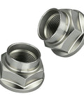 Heavy Duty Two Pack CV Axle Spindle Nuts For Subaru Forester Outback Legacy Impreza showing silver steel nuts with threaded interiors.