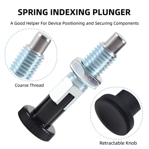 Pair Of M12 Push Fit Ball Nose Spring Plungers Carbon Steel Self Locking Locate Pins displayed with coarse thread and retractable knob.
