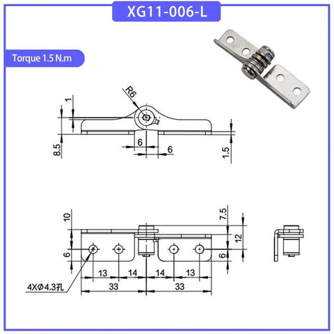 Front and side views of XG11-006-L stainless steel damping hinge with 1.5 N·m torque and mounting plate